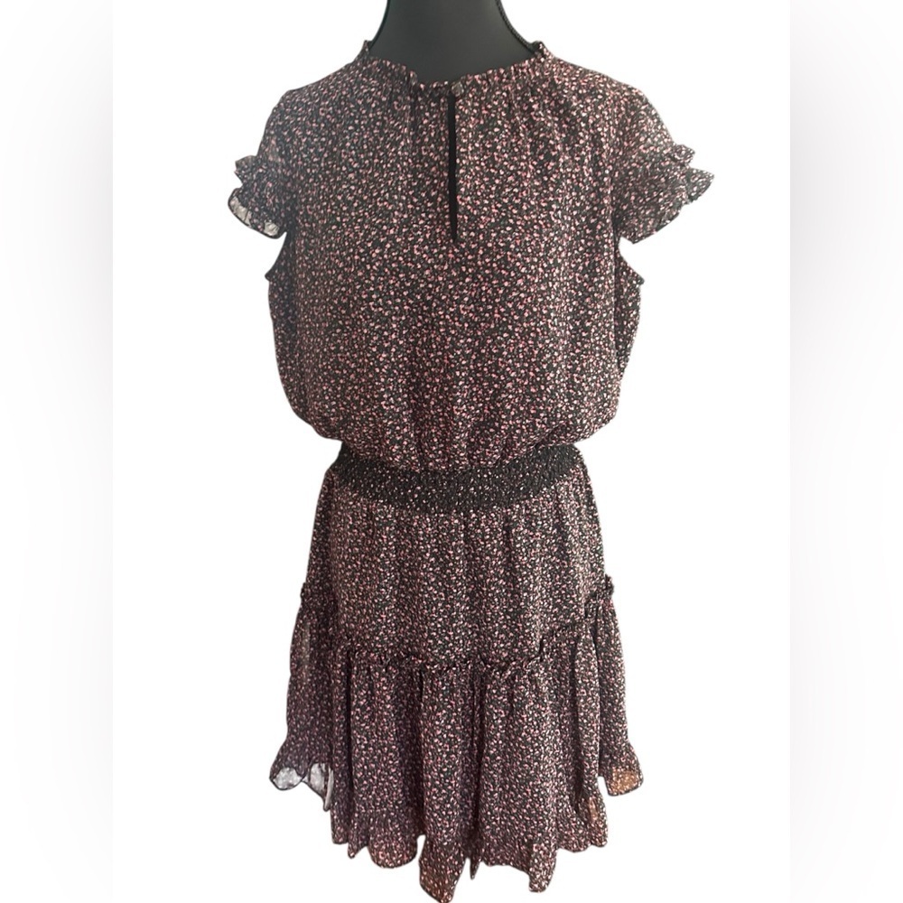 Rebecca Minkoff Black with Pink Floral Ruffled Elastic Waist Mini Dress Size S